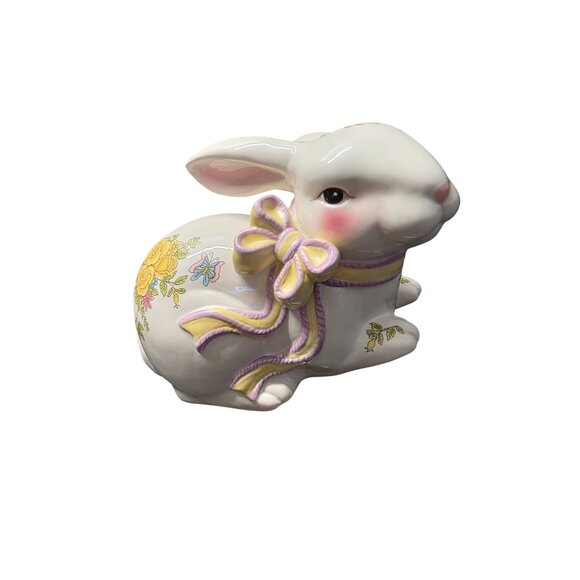 Large Ceramic Bunny Figurine With Floral & Bow Details - Picture 1 of 10